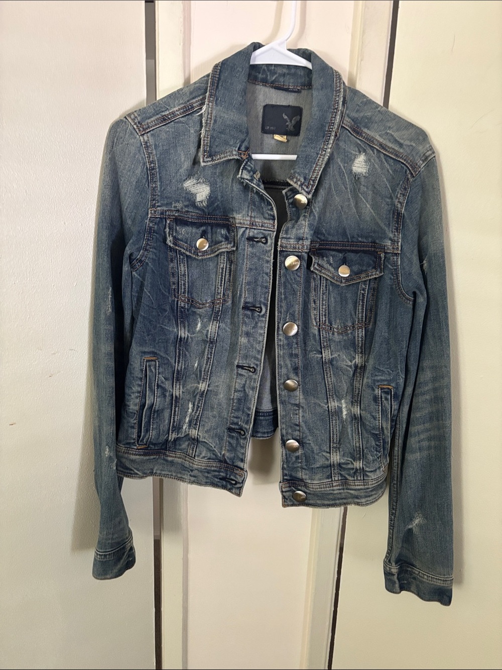 American Eagle Distressed Blue Denim Jacket - Classic Trucker Style Large